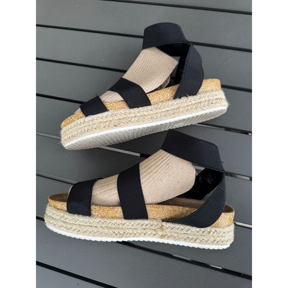 Forever 21 Black Platform Espadrille Sandals Ankle Strap Coastal Boho 7-7.5